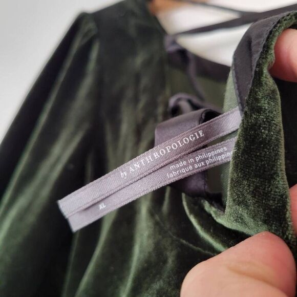 Anthropologie Crushed Velvet Ribbon-Tie Back Top XL • Dark Forest Green Long Sle - Picture 5 of 7